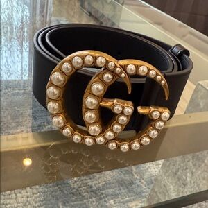 Gucci Black Belt with Gold Pearl Buckle